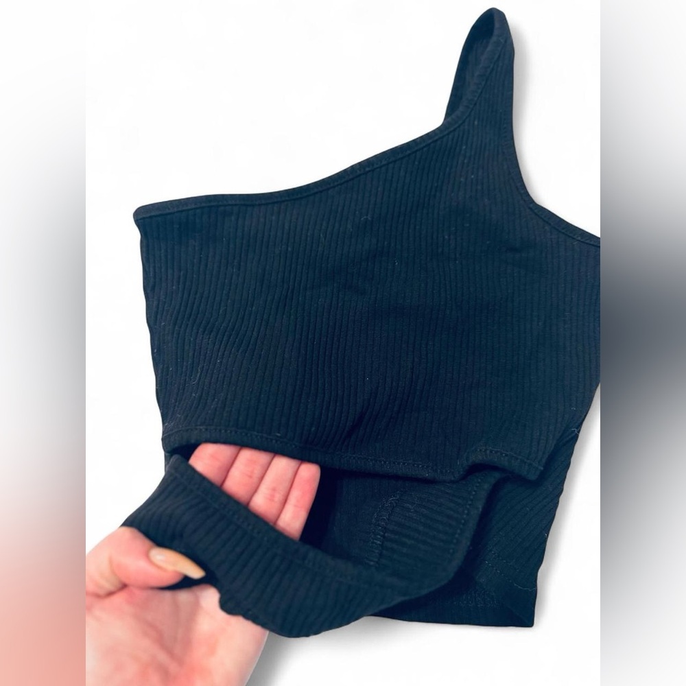Black Ribbed One-Shoulder Top